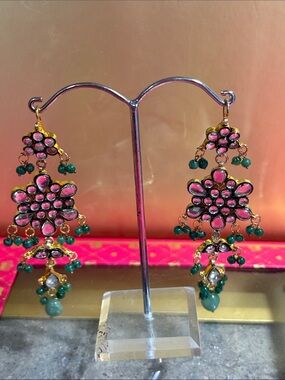 Traditional Pink and Green Floral Chandbali Earrings - Women Jewelry